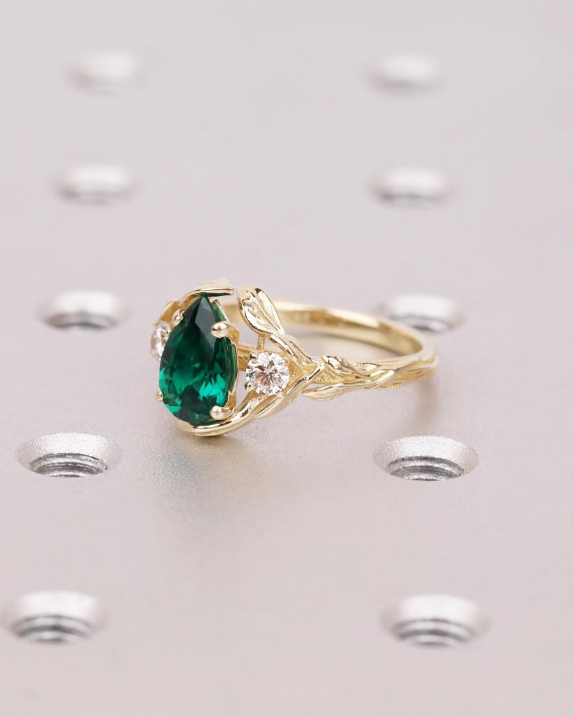Pear Cut Lab Created Green Emerald Ring, Nature Inspired Vine Branch Leaf Ring, Unique Wedding Ring image #6