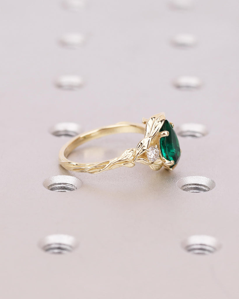 Pear Shaped Green Emerald 14K Solid Gold Engagement Ring | Vine Branch Leaves Band | Three Stone Ring | Nature Promise Ring | May Birthstone image #12
