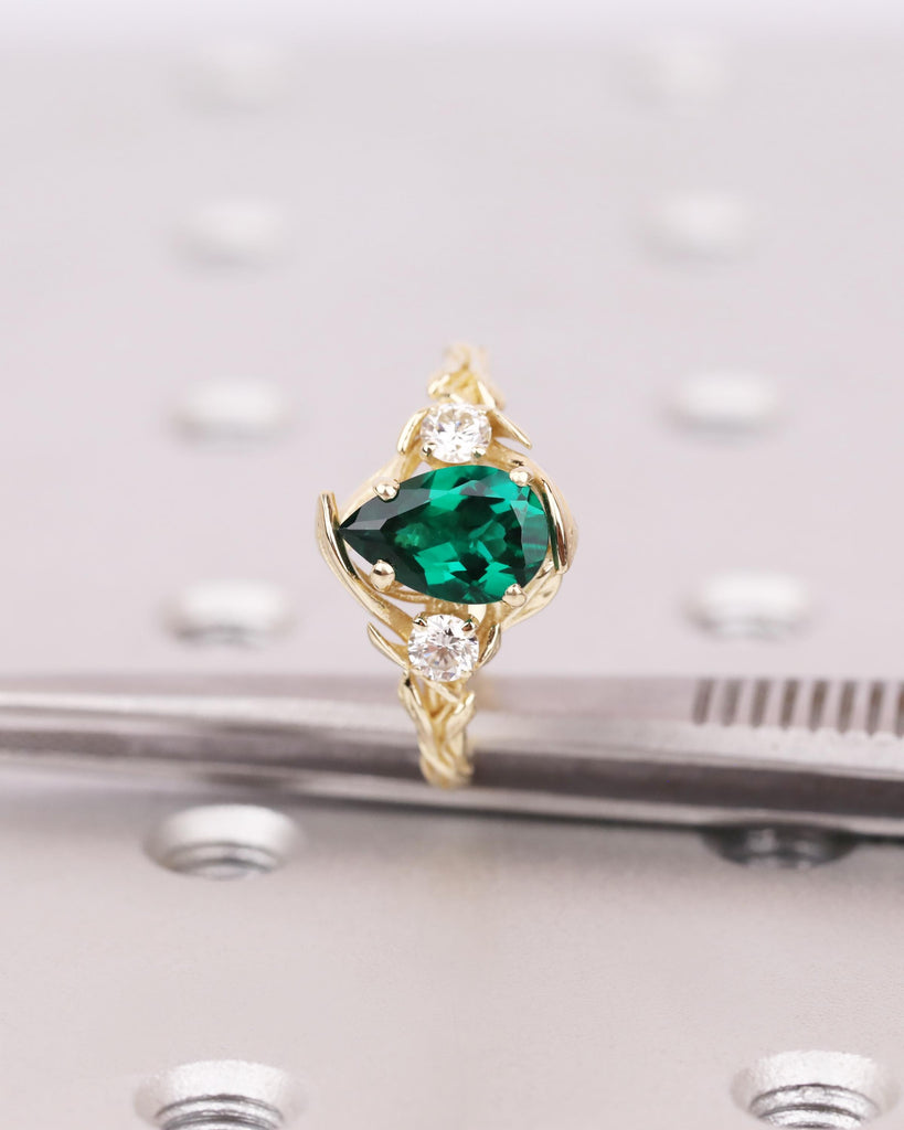 Pear Cut Lab Created Green Emerald Ring, Nature Inspired Vine Branch Leaf Ring, Unique Wedding Ring image #2