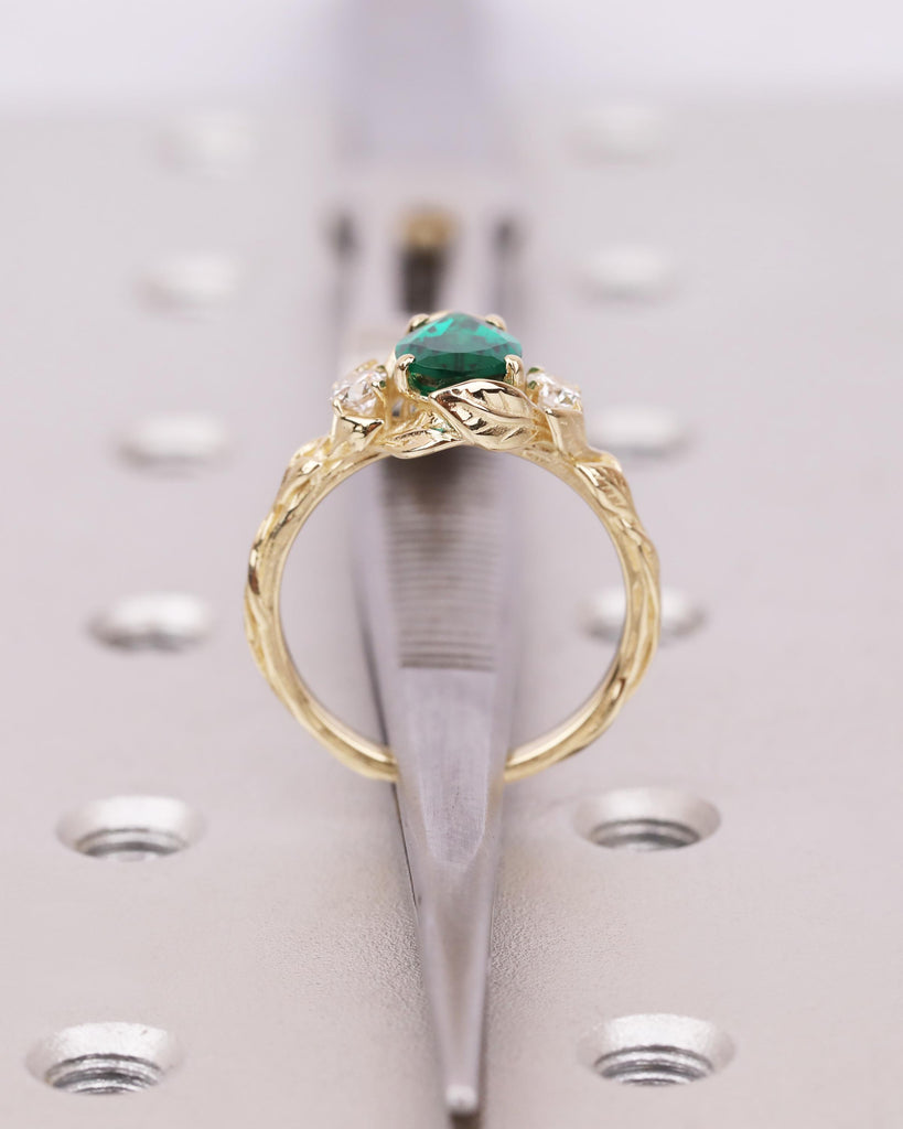 Pear Cut Lab Created Green Emerald Ring, Nature Inspired Vine Branch Leaf Ring, Unique Wedding Ring image #8