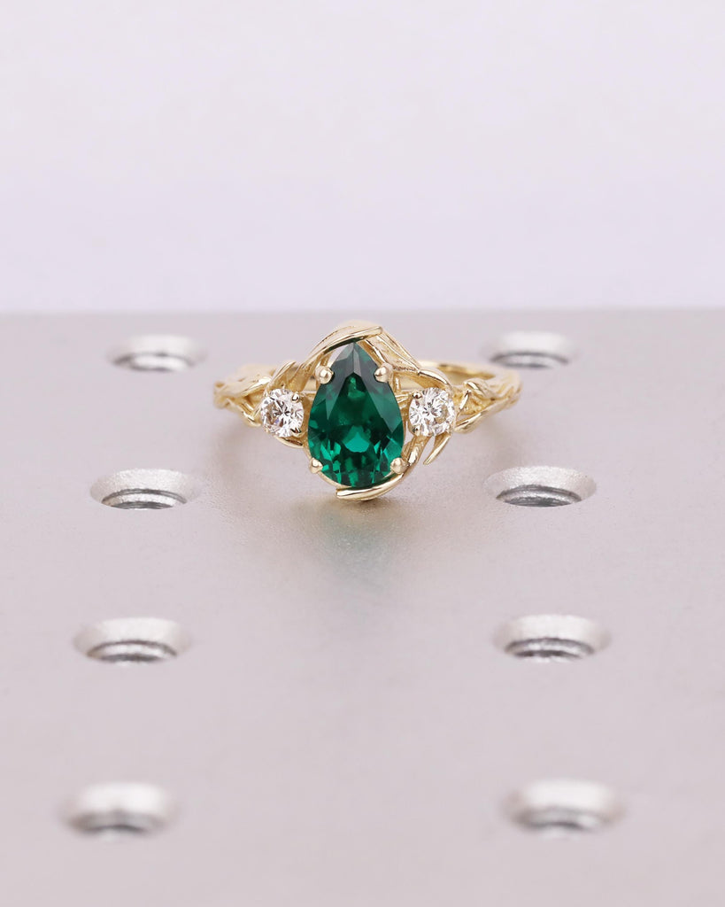 Pear Cut Lab Created Green Emerald Ring, Nature Inspired Vine Branch Leaf Ring, Unique Wedding Ring image #13
