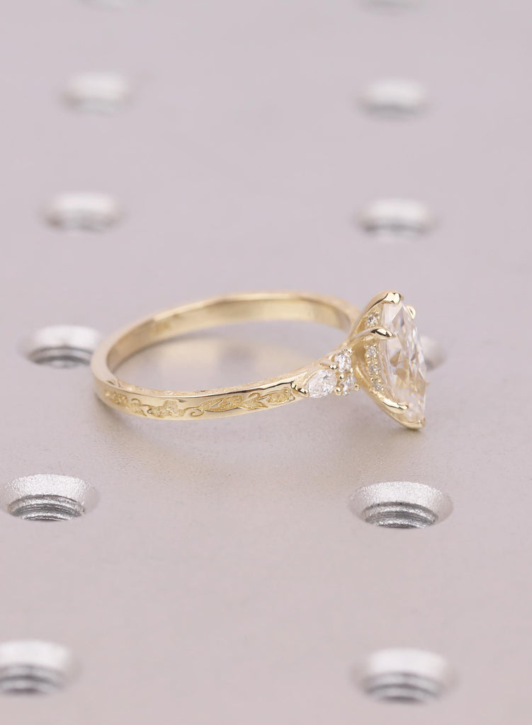 Marquise Moissanite Engagement Ring, 14k Solid Gold, Hidden Halo Ring, Vine Engraved Band, Vintage Jewelry For Woman, Handmade Unique Ring image #4