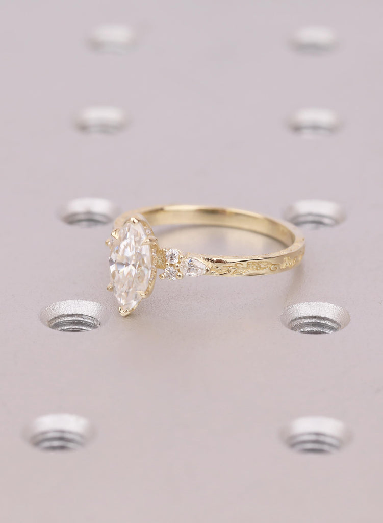 Marquise Moissanite Engagement Ring, 14k Solid Gold, Hidden Halo Ring, Vine Engraved Band, Vintage Jewelry For Woman, Handmade Unique Ring image #6