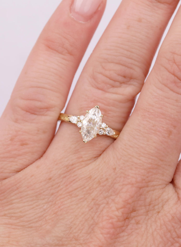 Marquise Moissanite Engagement Ring, 14k Solid Gold, Hidden Halo Ring, Vine Engraved Band, Vintage Jewelry For Woman, Handmade Unique Ring image #2