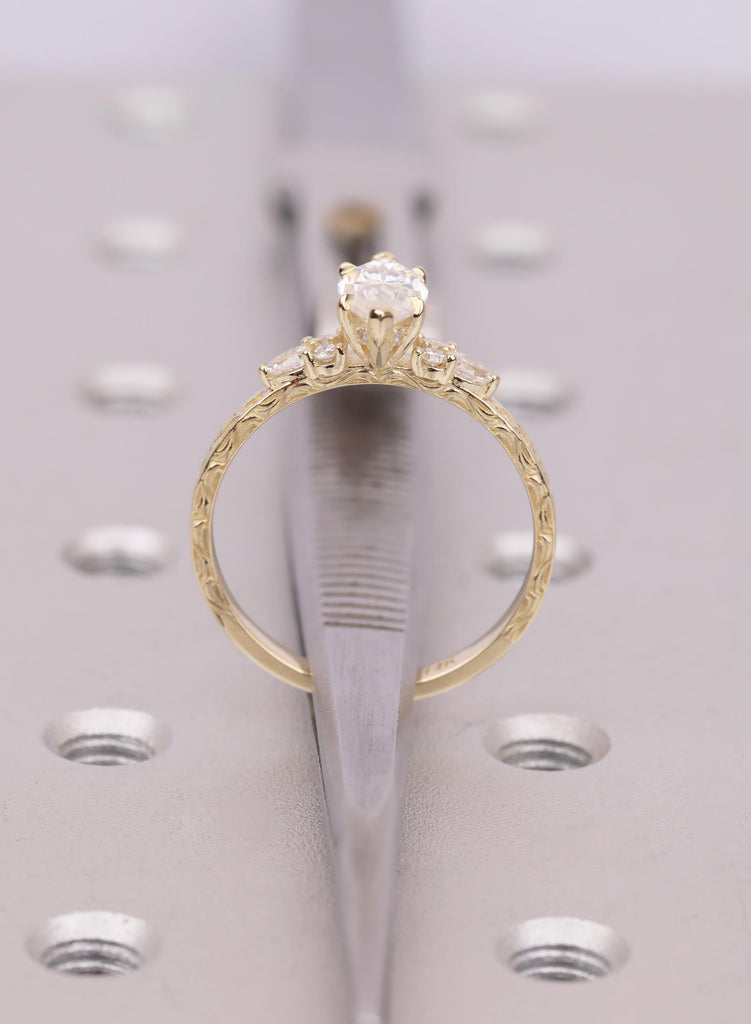 Marquise Moissanite Engagement Ring, 14k Solid Gold, Hidden Halo Ring, Vine Engraved Band, Vintage Jewelry For Woman, Handmade Unique Ring image #11