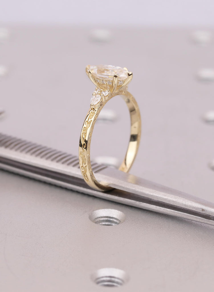 Marquise Moissanite Engagement Ring, 14k Solid Gold, Hidden Halo Ring, Vine Engraved Band, Vintage Jewelry For Woman, Handmade Unique Ring image #12