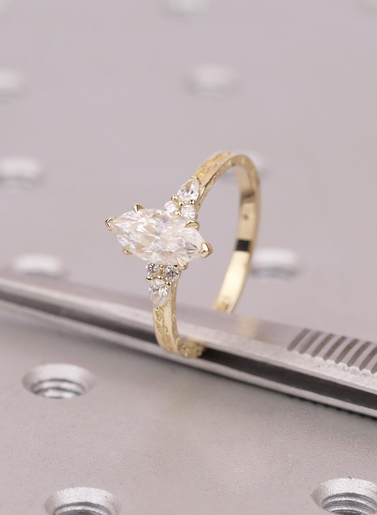 14k Gold Marquise Moissanite Engagement Ring, Hidden Halo, Vine Engraved Band image #7