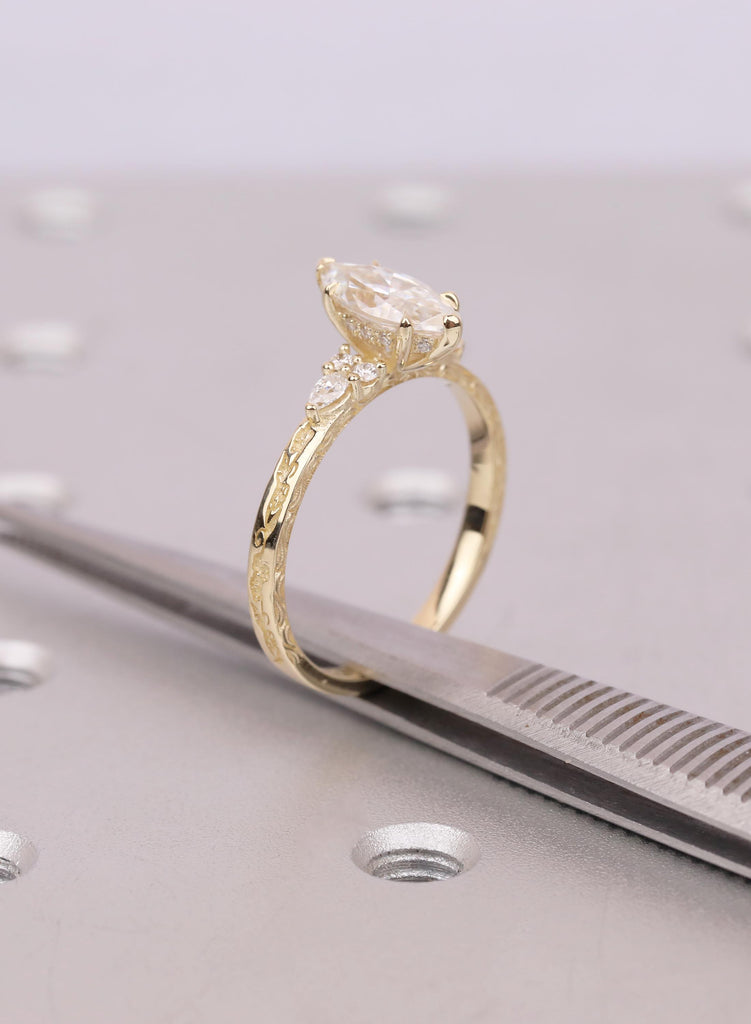 14k Gold Marquise Moissanite Engagement Ring, Hidden Halo, Vine Engraved Band image #14