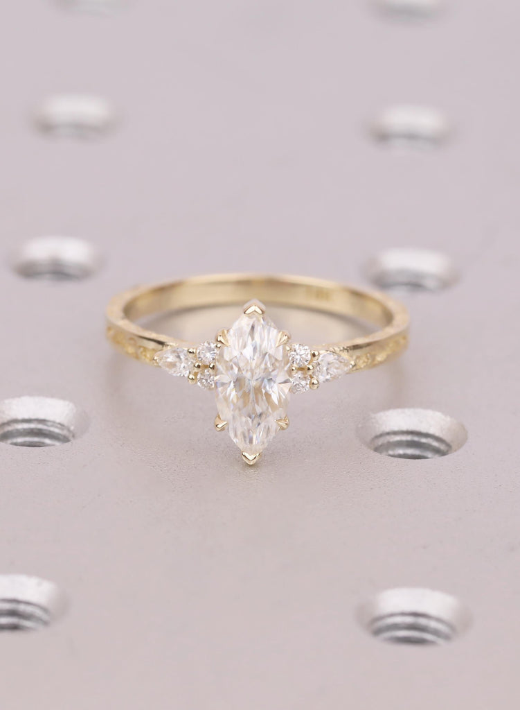 Marquise Moissanite Engagement Ring, 14k Solid Gold, Hidden Halo Ring, Vine Engraved Band, Vintage Jewelry For Woman, Handmade Unique Ring image #1