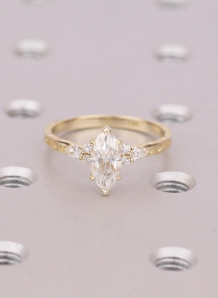 14k Gold Marquise Moissanite Engagement Ring, Hidden Halo, Vine Engraved Band image #2