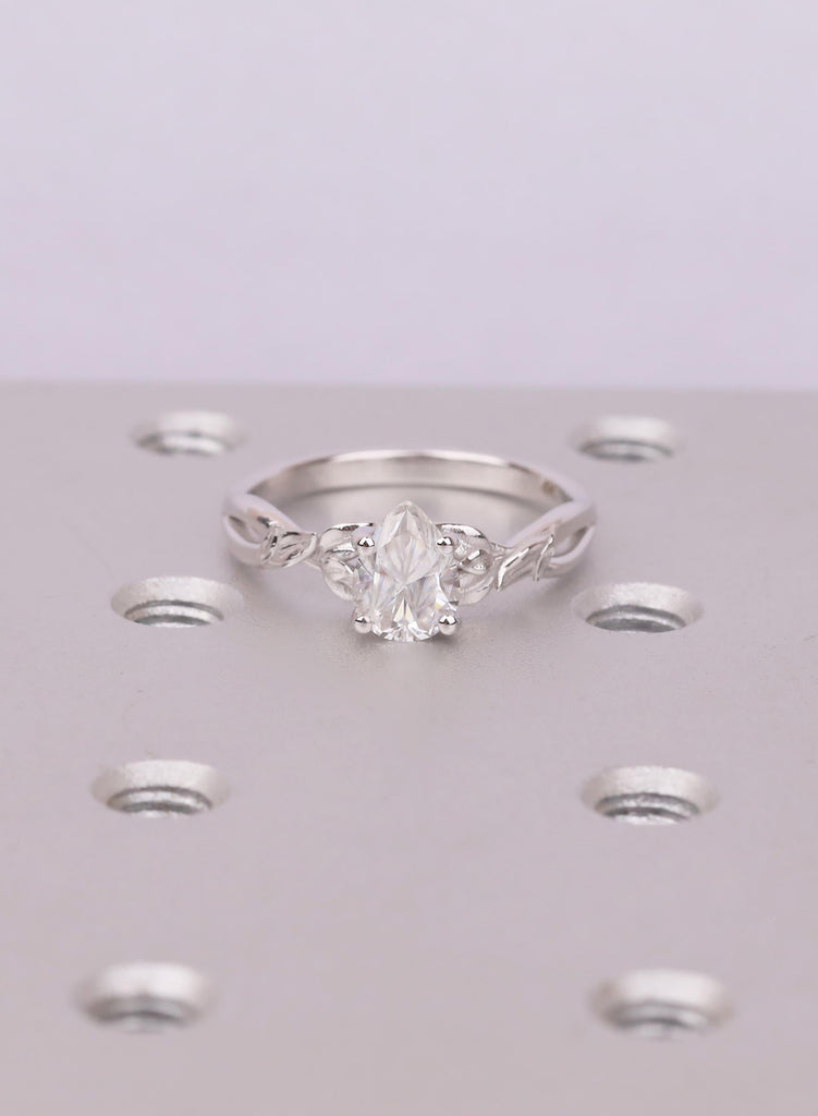 1 CT Pear Cut Ring | Nature Inspired Vintage Twig Lab Diamond Leaf Ring | 14K White Gold | Vintage Wedding Jewelry image #3