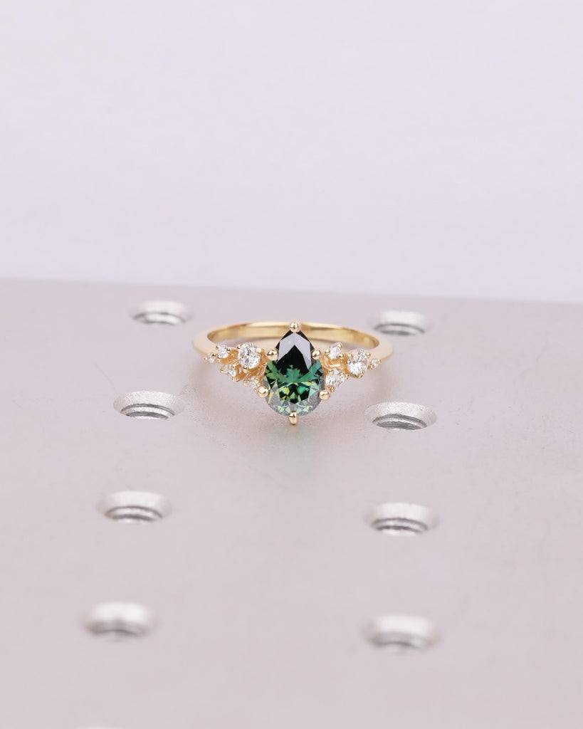18k Solid Gold Green Moissanite Ring, Vintage Pear Engagement Ring, Diamond Cluster Wedding Rings for Women, Unique Anniversary Jewelry image #9