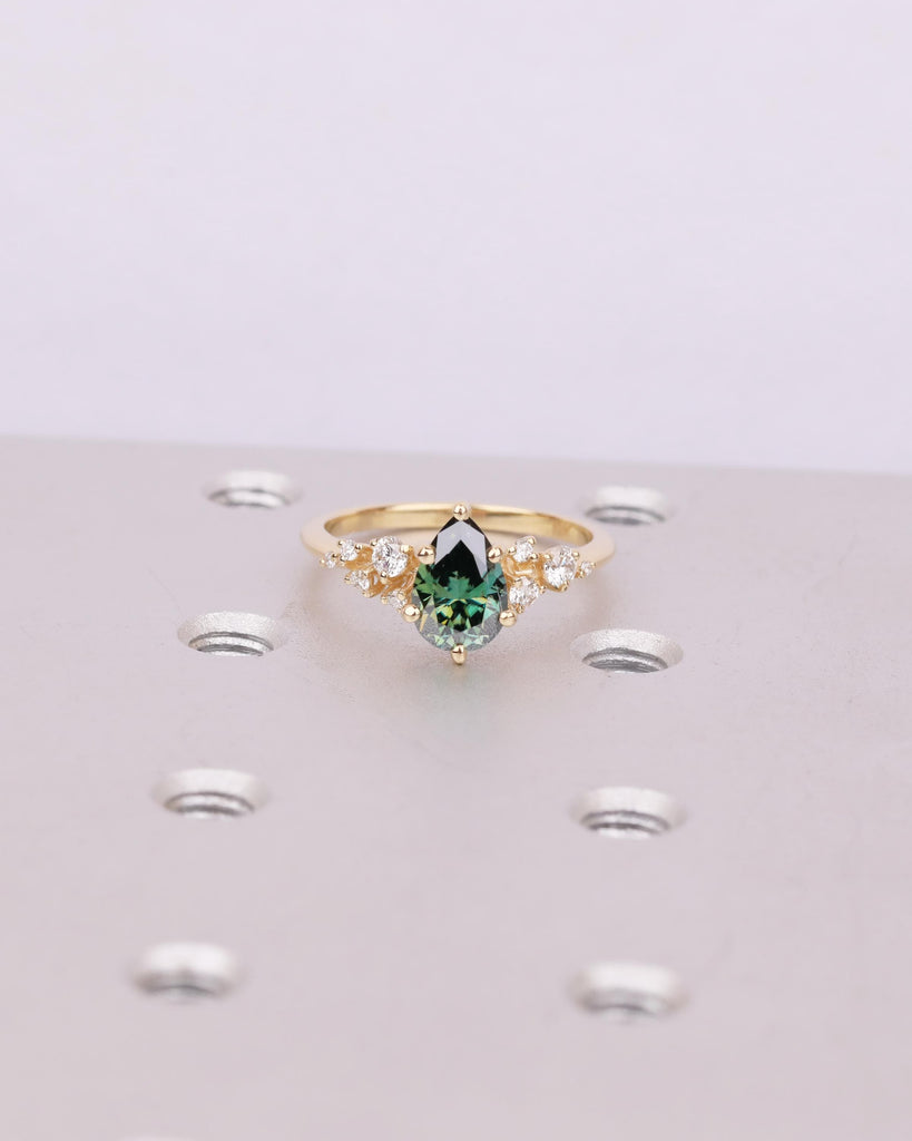 Pear Cut Green Moissanite Engagement Ring, Art Deco 18k Yellow Gold Diamond Cluster Ring image #9