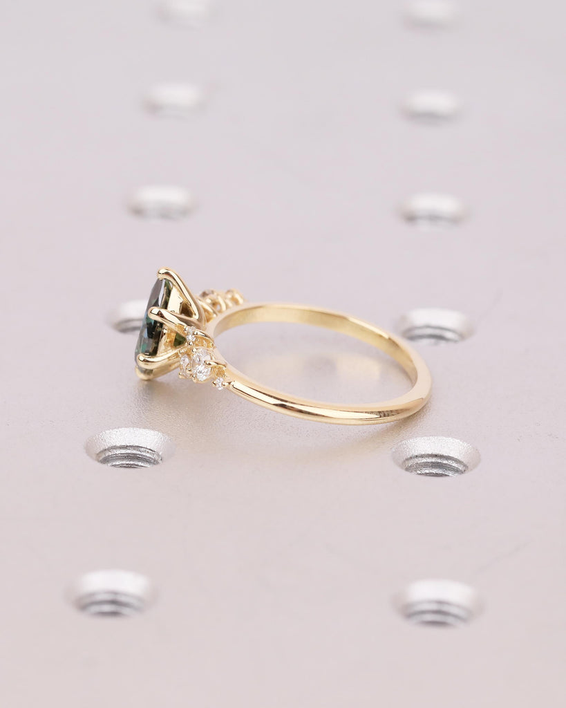 Pear Cut Green Moissanite Engagement Ring, Art Deco 18k Yellow Gold Diamond Cluster Ring image #17