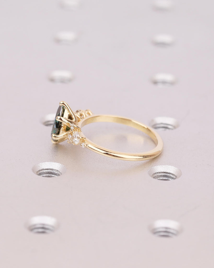 18k Solid Gold Green Moissanite Ring, Vintage Pear Engagement Ring, Diamond Cluster Wedding Rings for Women, Unique Anniversary Jewelry image #17