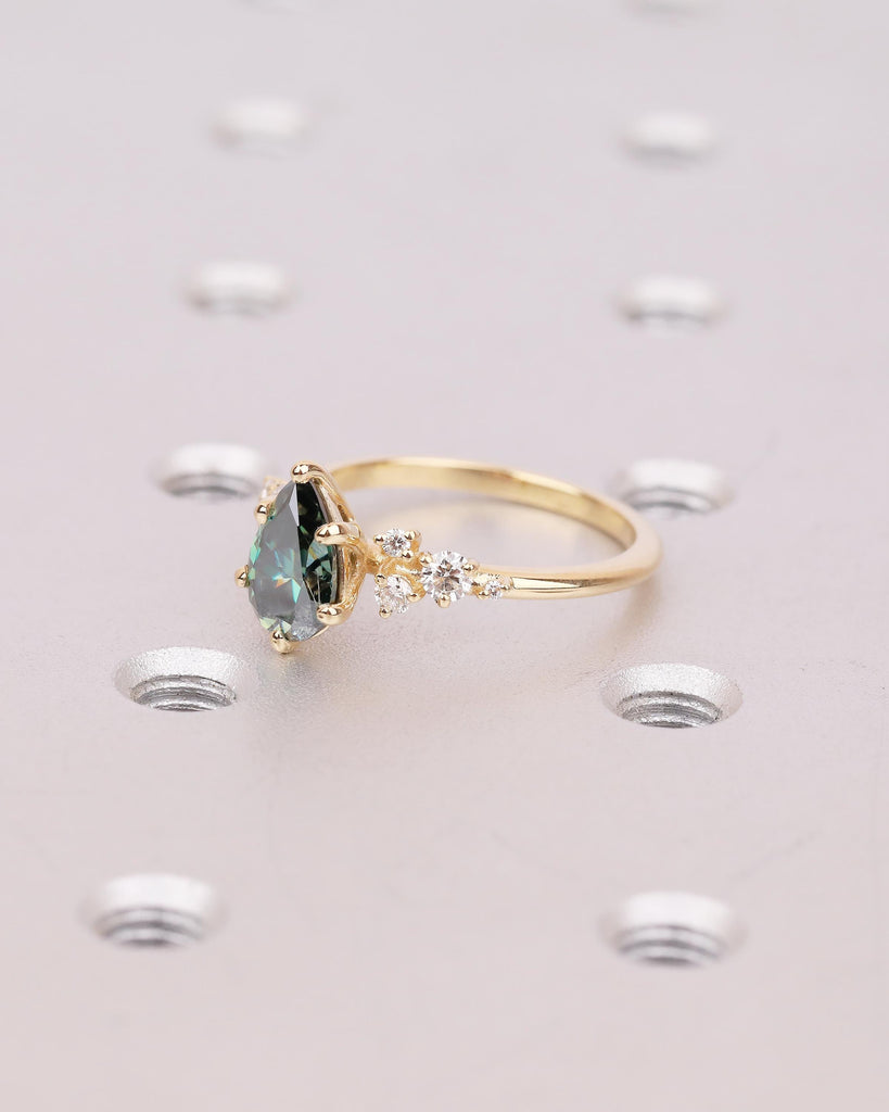 18k Solid Gold Green Moissanite Ring, Vintage Pear Engagement Ring, Diamond Cluster Wedding Rings for Women, Unique Anniversary Jewelry image #3