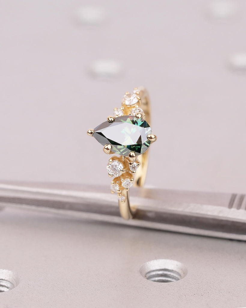 18k Solid Gold Green Moissanite Ring, Vintage Pear Engagement Ring, Diamond Cluster Wedding Rings for Women, Unique Anniversary Jewelry image #8