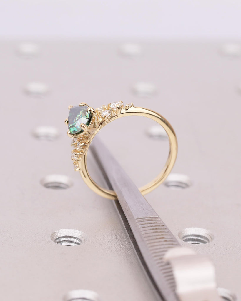 Pear Cut Green Moissanite Engagement Ring, Art Deco 18k Yellow Gold Diamond Cluster Ring image #16