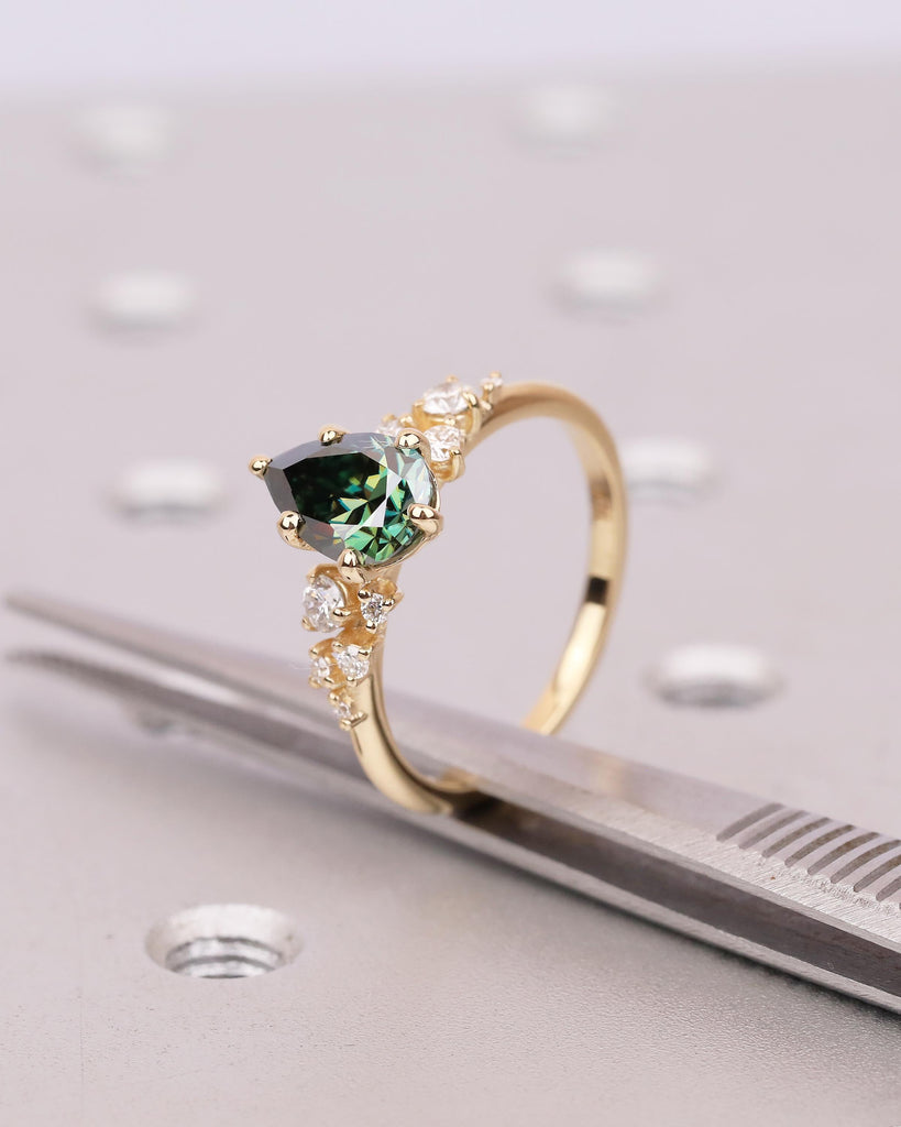 18k Solid Gold Green Moissanite Ring, Vintage Pear Engagement Ring, Diamond Cluster Wedding Rings for Women, Unique Anniversary Jewelry image #4