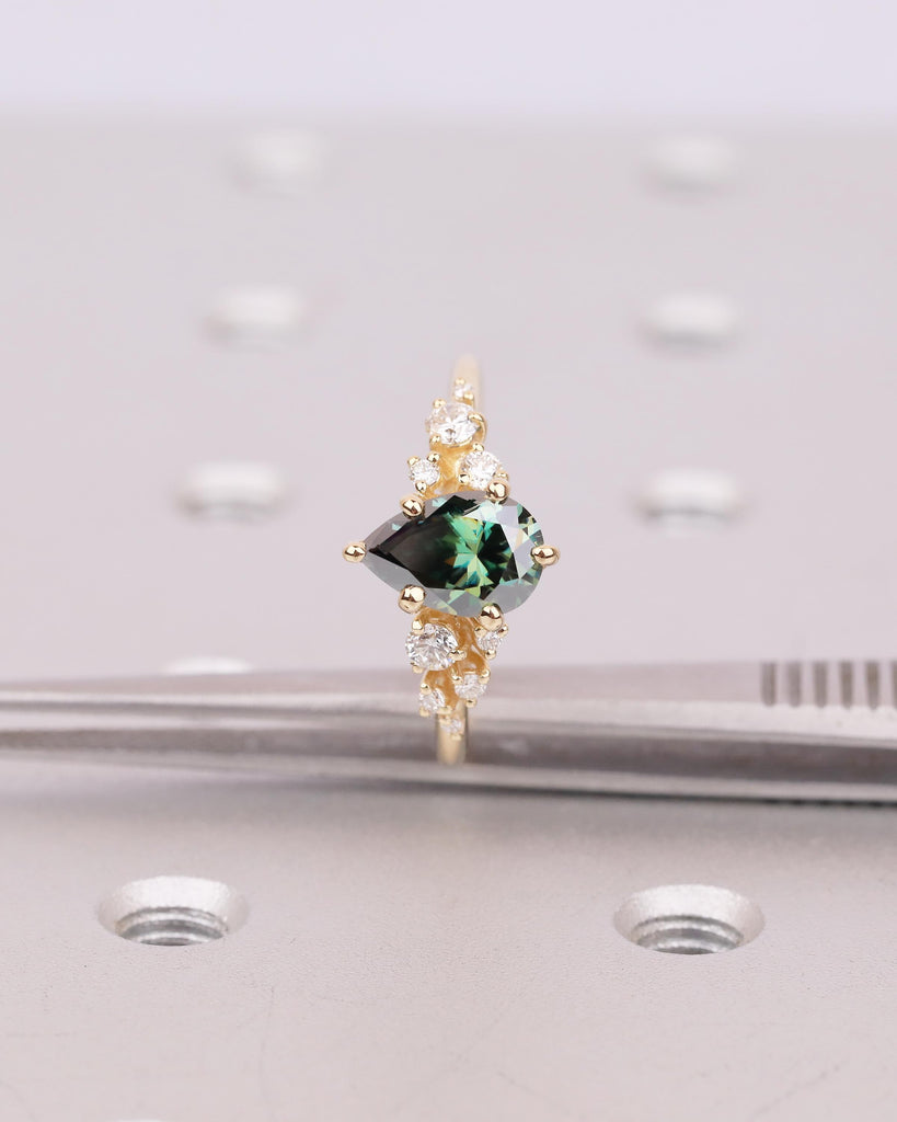 Pear Cut Green Moissanite Engagement Ring, Art Deco 18k Yellow Gold Diamond Cluster Ring image #11
