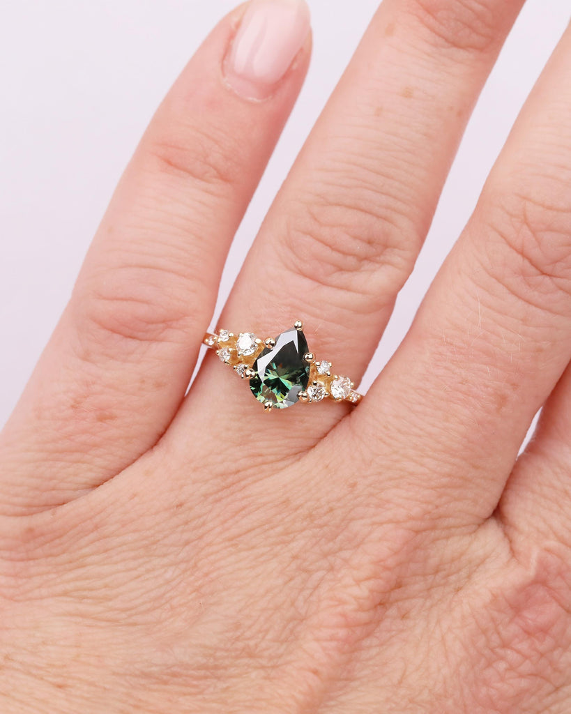 18k Solid Gold Green Moissanite Ring, Vintage Pear Engagement Ring, Diamond Cluster Wedding Rings for Women, Unique Anniversary Jewelry image #2
