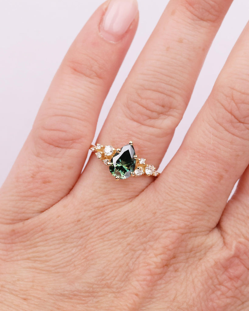 Pear Cut Green Moissanite Engagement Ring, Art Deco 18k Yellow Gold Diamond Cluster Ring image #10
