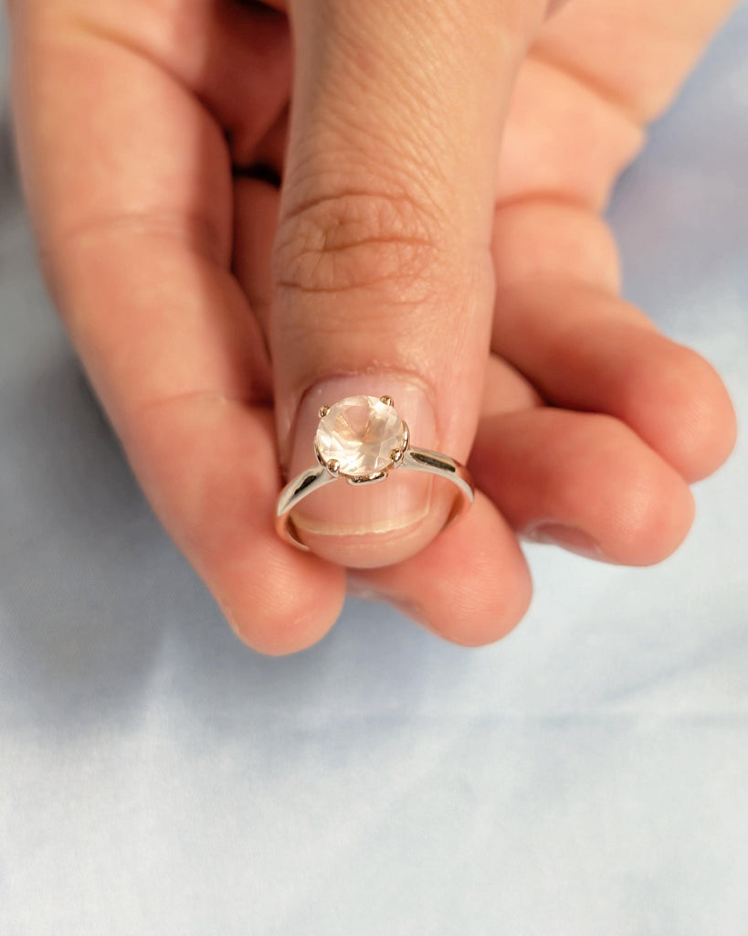 Round Rose Quartz Engagement Ring, Solitaire 14k Solid Gold Promise Ring for Her, Petal Prong Women Wedding Rings, Unique Nature Jewelry image #3