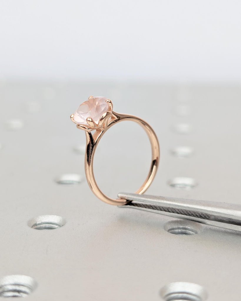 Round Rose Quartz Engagement Ring, Solitaire 14k Solid Gold Promise Ring for Her, Petal Prong Women Wedding Rings, Unique Nature Jewelry image #6