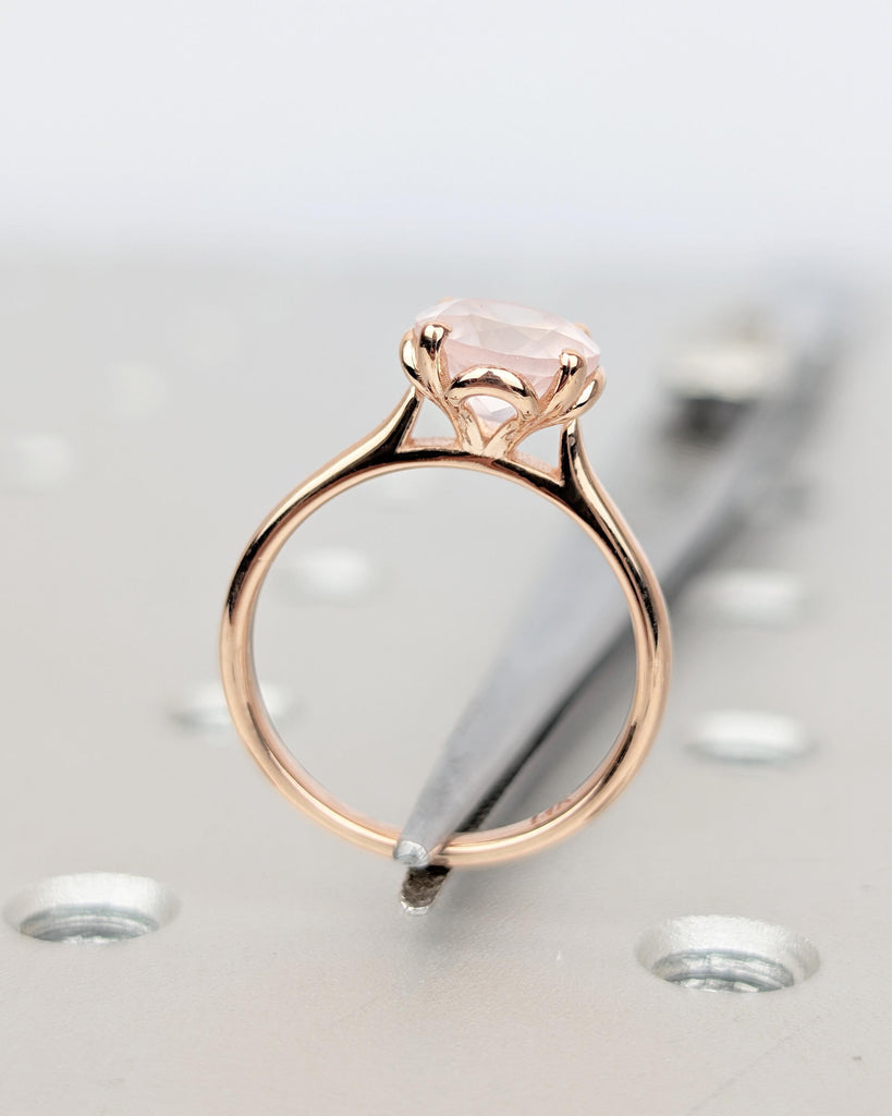 Round Rose Quartz Engagement Ring, Solitaire 14k Solid Gold Promise Ring for Her, Petal Prong Women Wedding Rings, Unique Nature Jewelry image #11