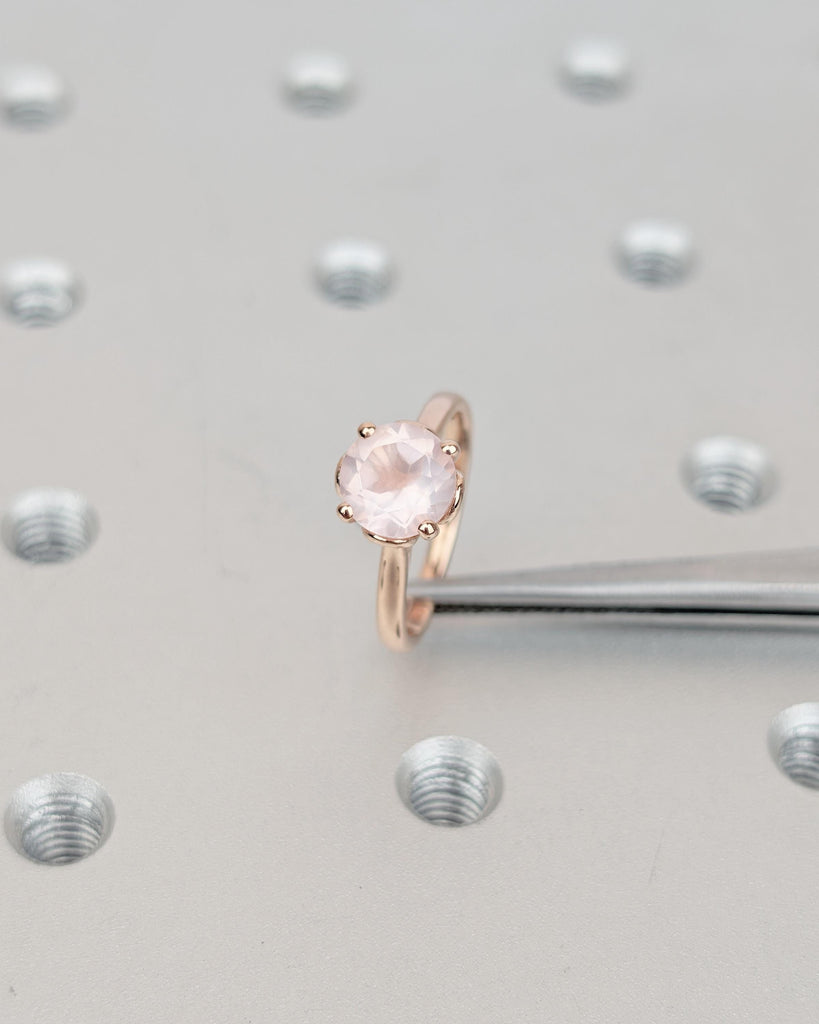 Round Rose Quartz Engagement Ring, Solitaire 14k Solid Gold Promise Ring for Her, Petal Prong Women Wedding Rings, Unique Nature Jewelry image #4