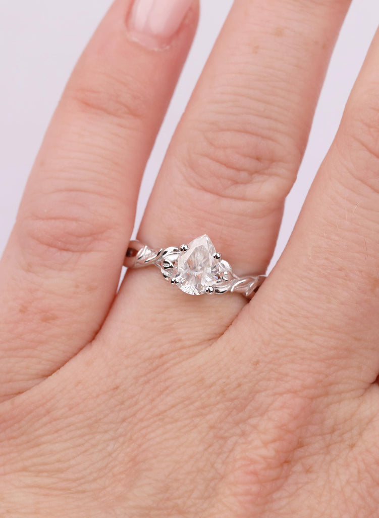 Pear Lab Grown Diamond Antique Style Ring, 14k Solid Gold Solitaire Ring, Hand Engraved Nature Inspired Twig Ring, Art Deco Engagement Ring image #2