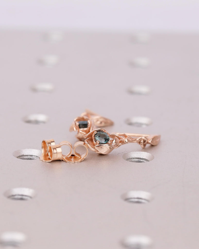 14k Rose Gold Nature Inspired Floral Earrings, Art Deco Peacock Sapphire Dangle Earrings image #14
