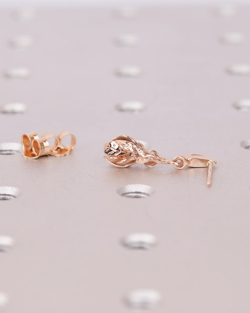 14k Rose Gold Nature Inspired Floral Earrings, Art Deco Peacock Sapphire Dangle Earrings image #16