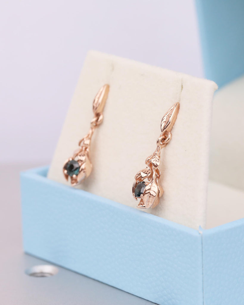 Teal Sapphire Earrings, 14k Rose Gold Dangle Earrings for Women, Hypoallergenic September Birthstone Earrings, Vintage Style Nature Jewelry image #15