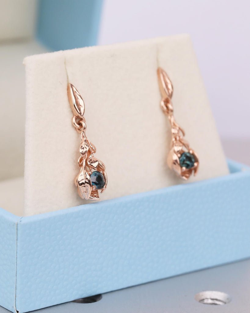 14k Rose Gold Nature Inspired Floral Earrings, Art Deco Peacock Sapphire Dangle Earrings image #5