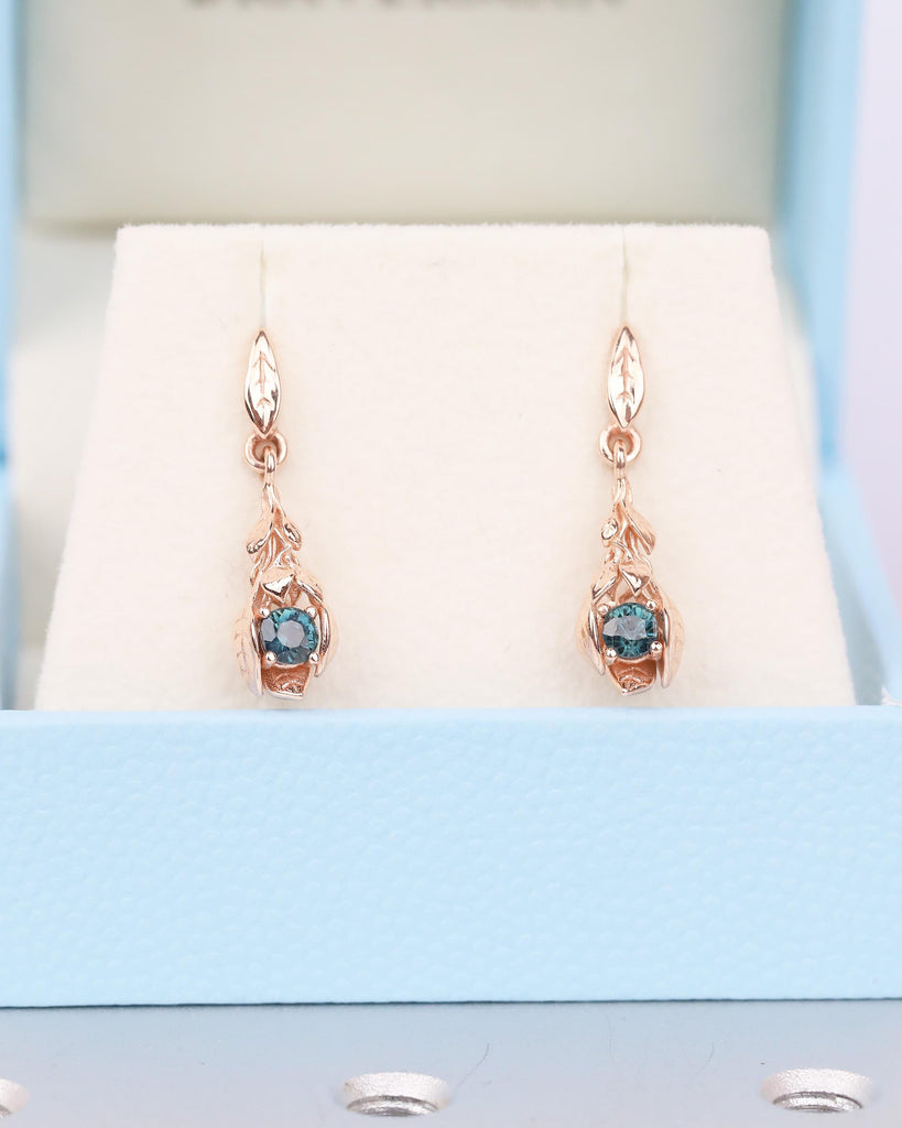 Teal Sapphire Earrings, 14k Rose Gold Dangle Earrings for Women, Hypoallergenic September Birthstone Earrings, Vintage Style Nature Jewelry image #12