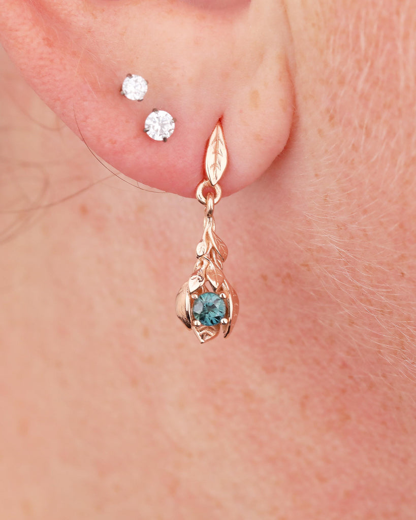 Teal Sapphire Earrings, 14k Rose Gold Dangle Earrings for Women, Hypoallergenic September Birthstone Earrings, Vintage Style Nature Jewelry image #9