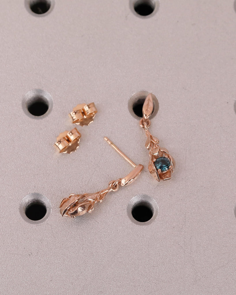 14k Rose Gold Nature Inspired Floral Earrings, Art Deco Peacock Sapphire Dangle Earrings image #10