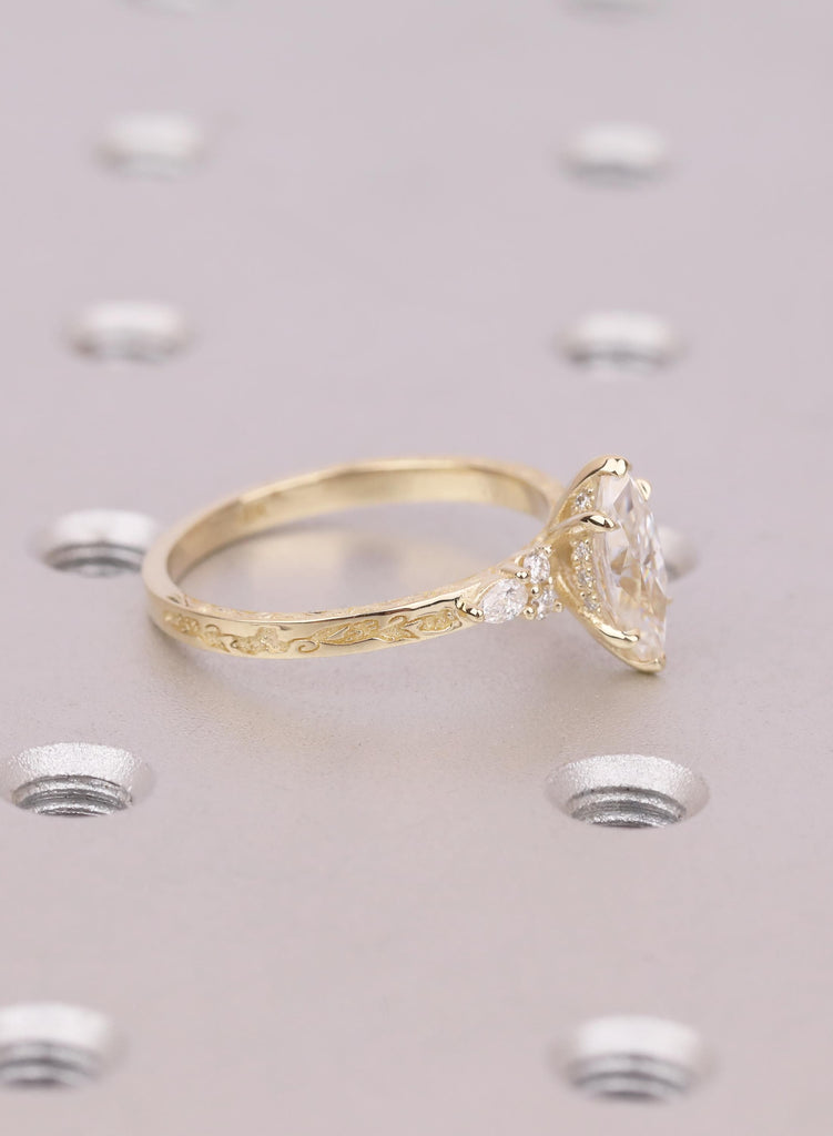 Solid Gold Marquise Cut Lab Diamond Ring with Pear Round Diamond Hidden Halo Accents image #4
