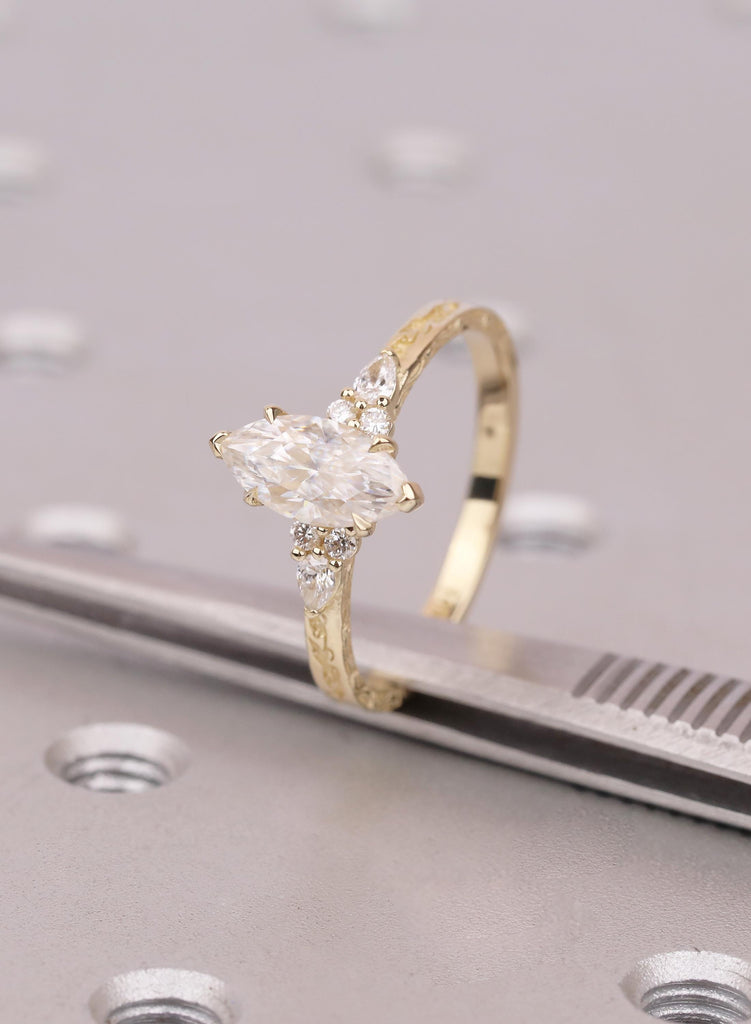 Marquise Cut Lab Grown Diamond Hidden Halo Ring, 14k Solid Gold Marquise Engagement Ring, Nature Inspired Jewelry Gift For Her image #7