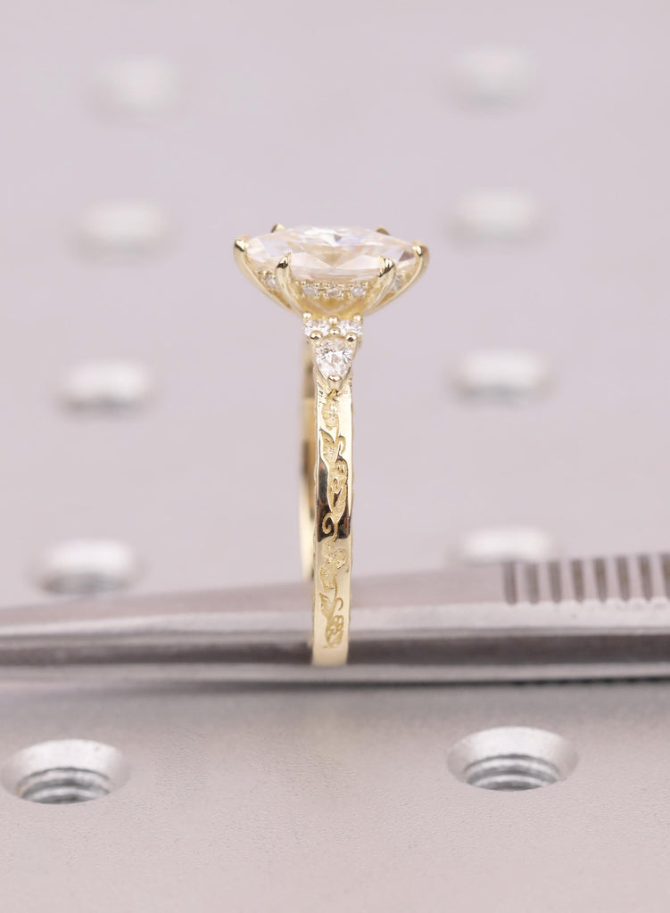 Solid Gold Marquise Cut Lab Diamond Ring with Pear Round Diamond Hidden Halo Accents image #12