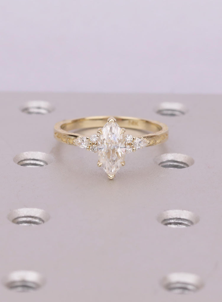 Solid Gold Marquise Cut Lab Diamond Ring with Pear Round Diamond Hidden Halo Accents image #2