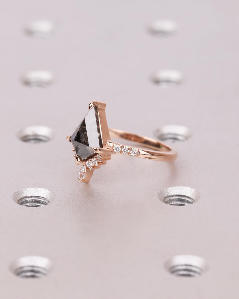 14k Rose Gold Vintage Salt & Pepper Kite Diamond Engagement Ring, Diamond or Moissanite Accents, Art Deco Promise Ring image #4