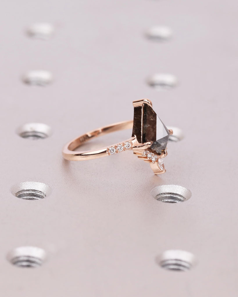 Kite Cut Salt and Pepper Diamond Engagement Ring with Round and Marquise Diamonds or Moissanites, 14K Rose Gold Vintage Wedding Ring for Her image #9