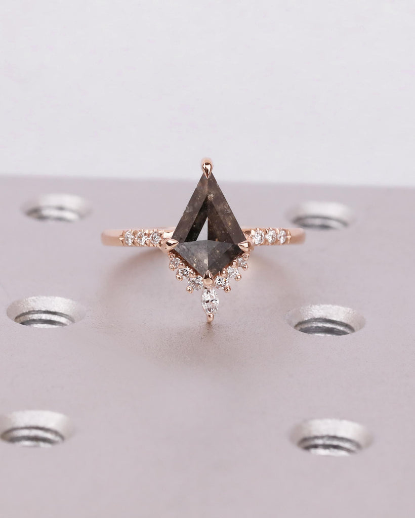 Kite Cut Salt and Pepper Diamond Engagement Ring with Round and Marquise Diamonds or Moissanites, 14K Rose Gold Vintage Wedding Ring for Her image #1