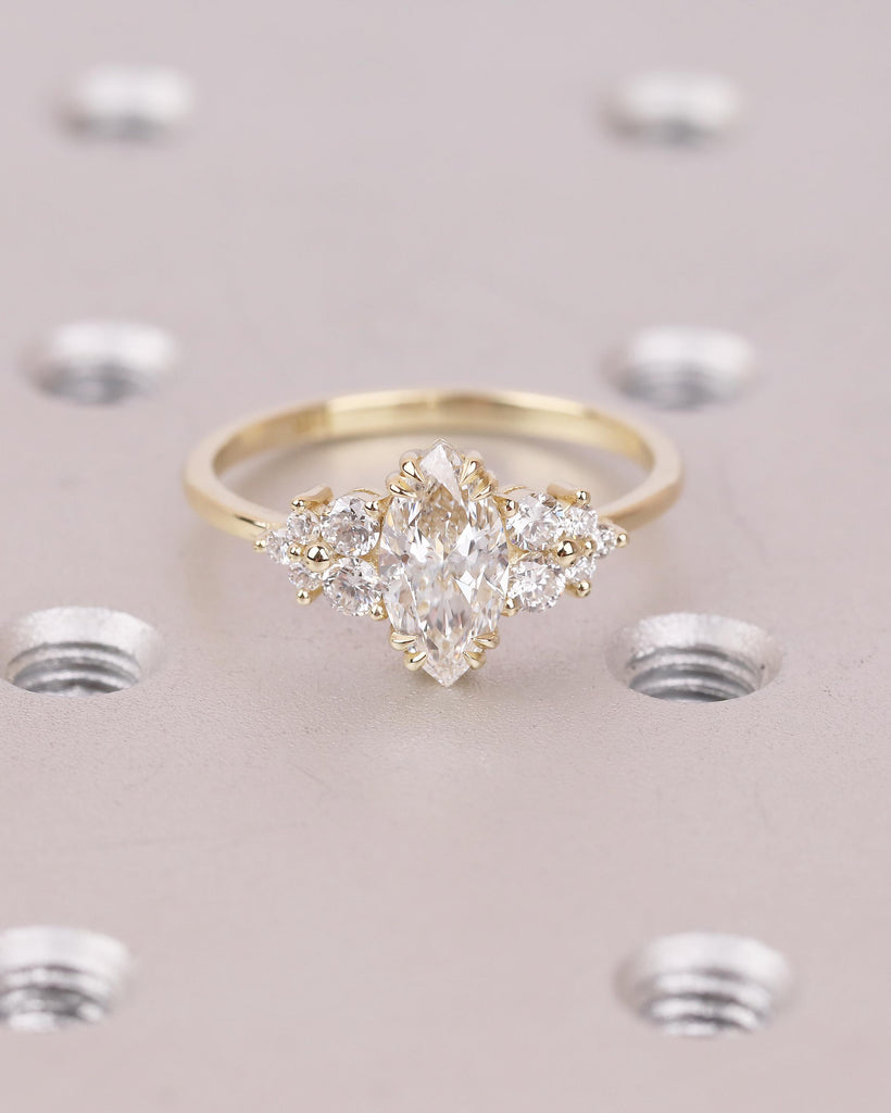 IGI Certified Marquise Cut Lab Grown Diamond Engagement Ring, Vintage 14k Solid Gold Wedding Rings, Round Moissanite Cluster Floral Accents image #3
