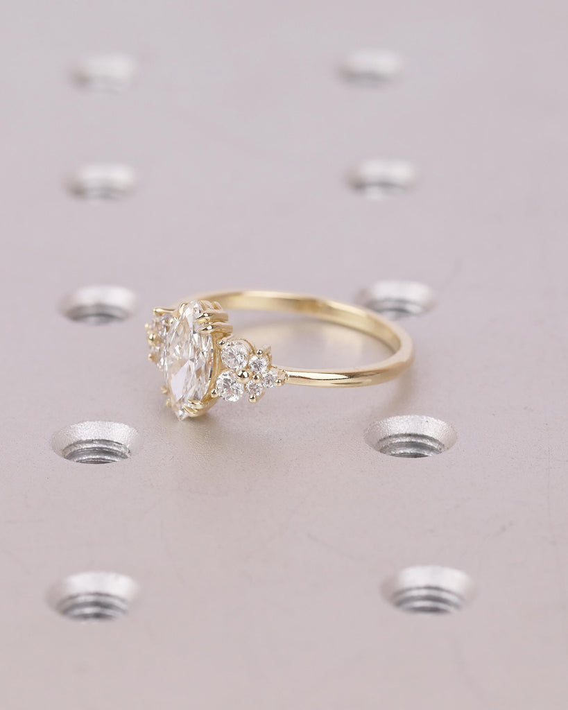 IGI Certified Marquise Cut Lab Grown Diamond Engagement Ring, Vintage 14k Solid Gold Wedding Rings, Round Moissanite Cluster Floral Accents image #4