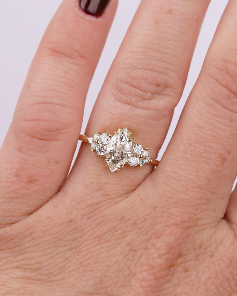 IGI Certified Marquise Cut Lab Grown Diamond Engagement Ring, Vintage 14k Solid Gold Wedding Rings, Round Moissanite Cluster Floral Accents image #10