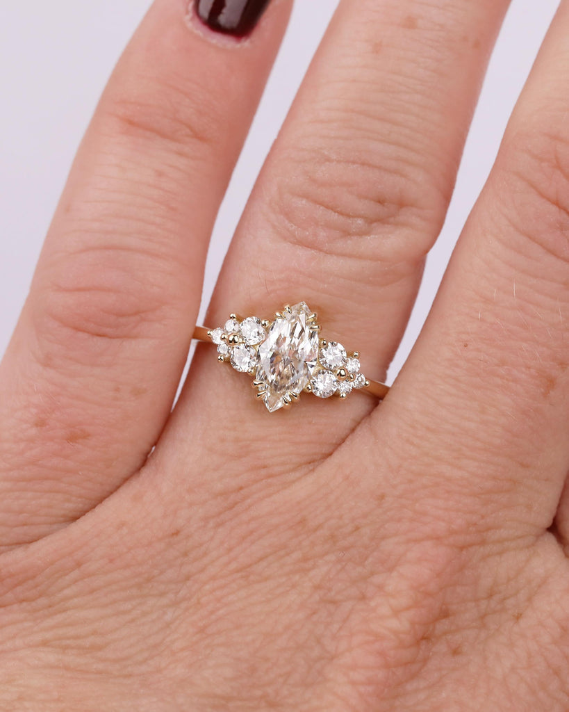 Nature Inspired Marquise Moissanite Engagement Ring, Vintage 18k/14k Gold Promise Rings for Women, Diamond Cluster Wedding Anniversary Ring image #15
