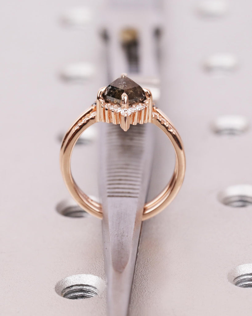 14K Rose Gold Engagement Ring Set: Salt & Pepper Kite Diamond Ring with Moissanite Accents, Curved Wedding Band with Ombre Diamonds image #8